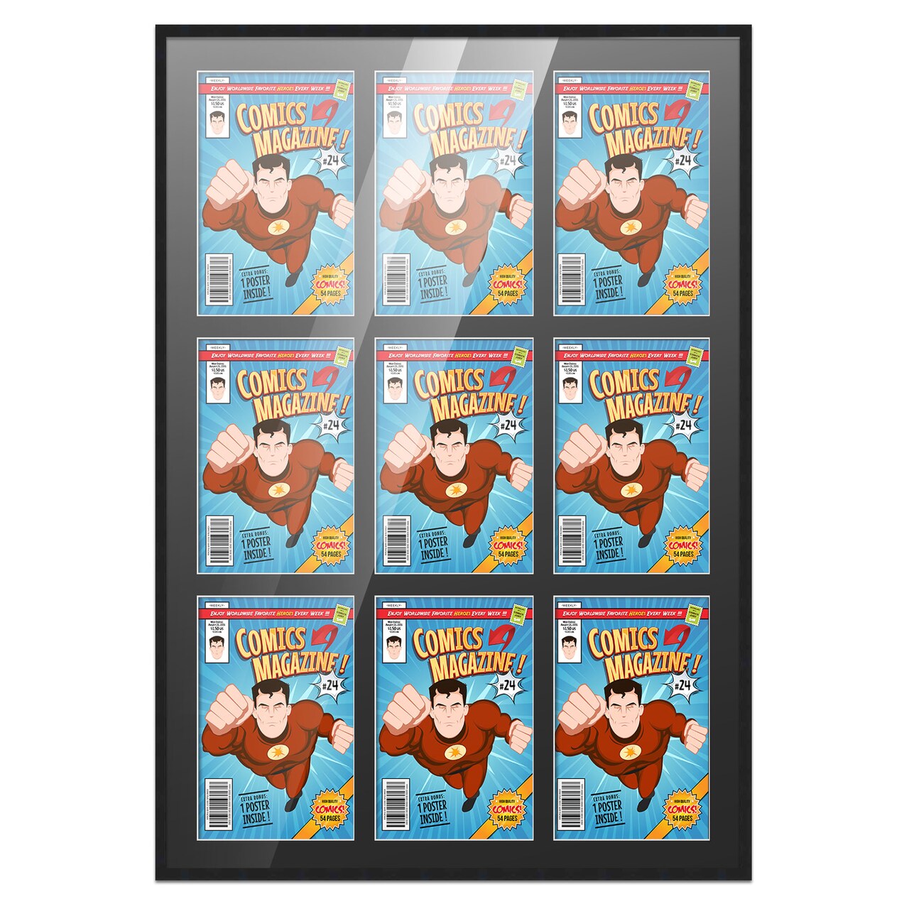 Comic Book Display Frame for Current Era Comics Published After 1985 - Black Wood Comic Frame With Black Mat for 6.875x10.5 Comics, 18 Frame Sizes